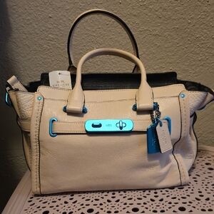Coach Cream Leather Satchel with Turquoise Hardware Accents